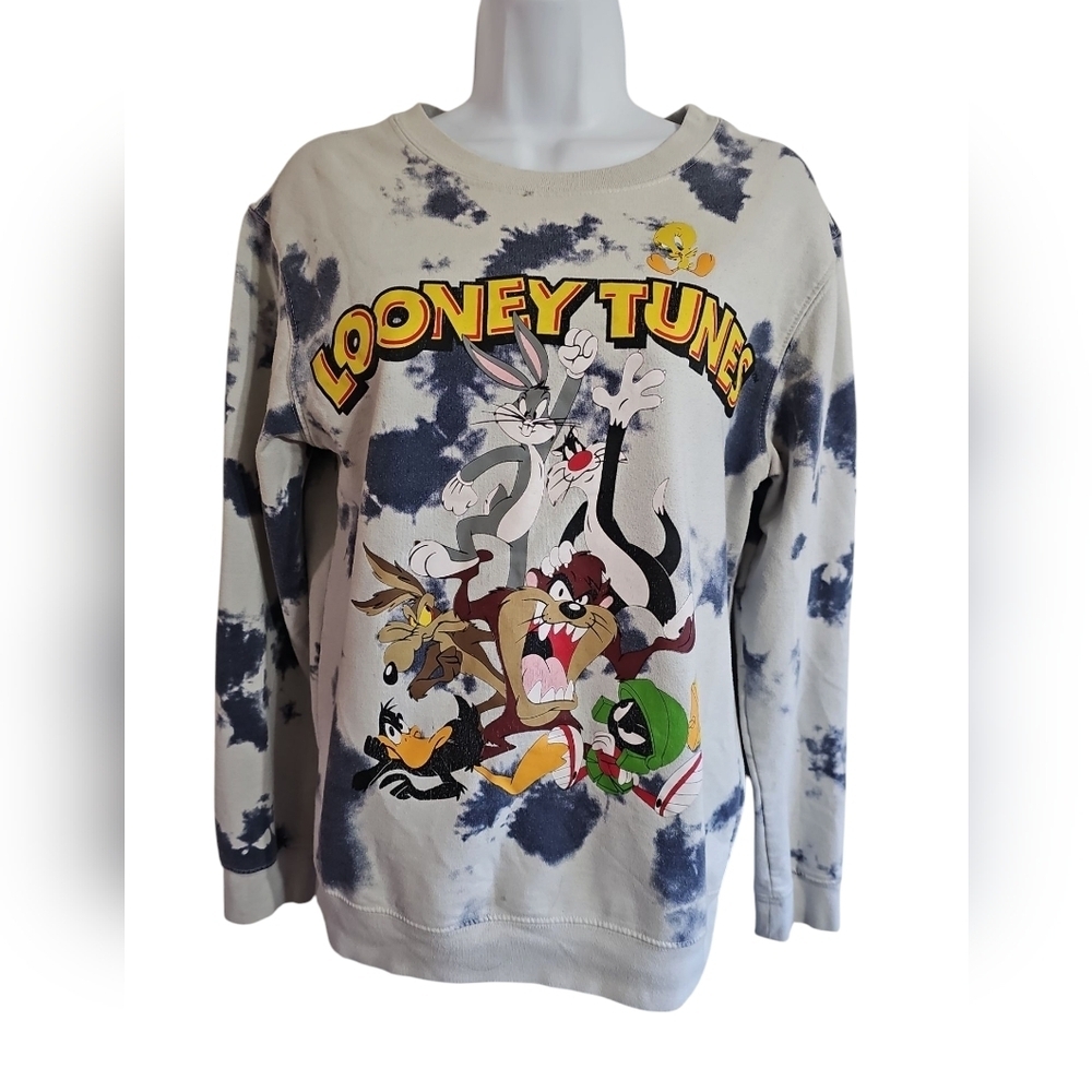 Looney Tunes Unisex Large Tie Dye Blue Gray Cotton Graphic Pullover Iconic Y2K - Picture 2 of 6